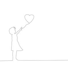 a drawing of a person holding a heart shaped balloon in one hand and looking up at the sky