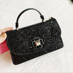 Great Holiday Gift! Leather In Black Glittering Color Details Elegant Top Handle Detachable Leather Shoulder Strap Brand Signatures Front Turn Lock Luxury Kate Spade Shoulder Bag For Formal Occasions, Mini Top, Kate Spade Bag, Black Silver, Top Handle, Kate Spade, Shoulder Strap, Top Handle Bag, Bag Lady