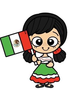 a cartoon girl holding a mexican flag in her right hand and smiling at the camera