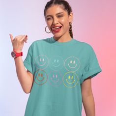 Will make you smile every time. Our unsiex Smiling Face retro shirt is a great addition to our wardrobe. The distressed look adds character and uniqueness, this super-soft vintage shirt with a comfy feel, this will be your new favorite t-shirt for outings with friends, lounging at home and everything in between. We’re talking about the perfect relaxed fit and ultra-soft fabric that make it feel as comfortable as your favorite sweatshirt. Perfect as a gift or to wear yourself - it will quickly be Smiling Face, Retro Shirts, Happy Face, Smile Face, Vintage Shirt, Vinyl Designs, You Smile, Vintage Shirts, Make You Smile