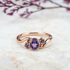 Twilight - Amethyst Ring  Round Cut Natural Gem Custom gold Rings for ladies Unique Amethyst Ring, Amethyst Wedding Rings, Amethyst Rings, Rutilated Quartz Ring, Purple Amethyst Ring, Minimalist Engagement Ring, Amethyst Stones, Art Ring, Understated Luxury