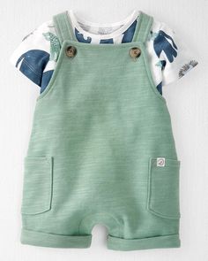 Green Baby 2-Piece Organic Cotton Shortall Set | carters.com Planet Clothing, Cotton Romper, Carters Baby, Future Baby, Shop Clothing, Baby Boy Outfits, Denim Fashion, Baby Fashion