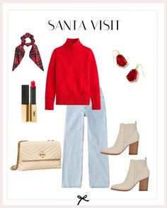 This red turtleneck sweater exudes holiday cheer & keeps you warm during the winter. Pair it with high-rise 90s relaxed jeans for a laid-back yet trendy look & leather heeled booties for a touch of sophistication that effortlessly transitions from casual to chic. Keep your essentials close in a quilted white leather shoulder bag, adding a dash of modern elegance. Red drop earrings bring a subtle pop of color, while a plaid hair bow scrunchie adds a playful and seasonal twist to your hairstyle. Warm Weather Christmas Outfit, Red Turtleneck Outfit, 90s Relaxed Jeans, Red Sweater Outfit, Red Crew Neck Sweater, Winter Outfits Christmas, Outfit Ideas Winter, Long Sleeve Pajamas, Red Turtleneck Sweater