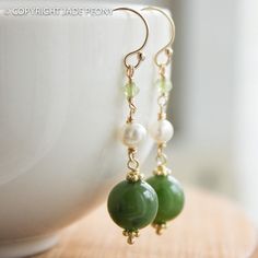 Green Nephrite Jade - White freshwater pearl - Peridot- 14kt gold fill Earrings Silver Gold Earrings, Unusual Earrings, Ball Earrings, Nephrite Jade, Jade Earrings, Handmade Wire Jewelry, Gold Filled Earrings, White Freshwater Pearl, Green Peridot