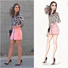 a woman in pink skirt and leopard print shirt standing next to a drawing of a woman wearing