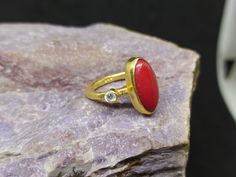 ARTSMYRNA METAL: 925k Silver GEM: Coral Diameter Stone Size: 10x6 mm COATING: 24k gold over (We can made a special type of coating for your personal preference ) MATERIEL : 925K Sterling Silver ( Some of my items vermeil gold over silver for looks rich . But i can finish in silver too ) RING SIZE: 6 (your desired size is made) SPECIAL ORDER IS MADE. If you send us a photo of your desired model (you can send your gem.) We can do it for you. We can make any design you want with natural gem. YOU JU Red Untreated Rings As A Gift, Untreated Red Rings For Gift, Untreated Red Rings As A Gift, Opal Solitaire Ring, Handmade Silver Ring, Ethiopian Opal Ring, How To Look Rich, Coral Ring, Peridot Ring