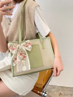 Bird in Bag - Woven Flower Design Scarf Shoulder Bag with Fashionable Hollow Out Detailing Green Flower-shaped Bag For Spring, Large Capacity Green Satchel For Spring, Cute Flower-shaped Bag For Spring, Cute Flower-shaped Bags For Spring, Green Floral Shoulder Bag For Everyday Use, Green Flower Shaped Shoulder Bag For Summer, Spring Green Tote Satchel, Trendy Flower-shaped Shoulder Bag For Shopping, Green Flower-shaped Shoulder Bag For Summer