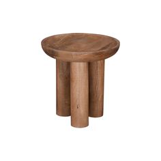 a small wooden table with two legs and a round top, on a white background