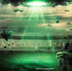 an alien landscape with green lights and flying objects