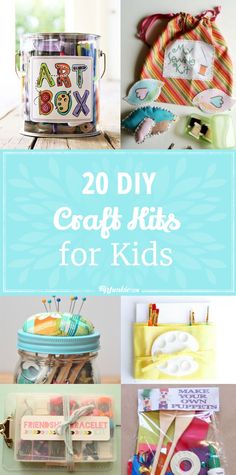 some crafts and crafting supplies are shown with the words 20 diy craft kits for kids