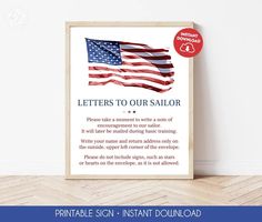 an american flag with the words, letters to our sailor on it in front of a white wall