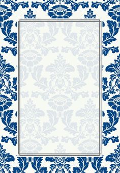 an ornate blue and white background with a square frame in the middle, surrounded by leaves