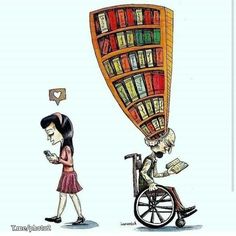 a woman in a wheel chair looking at a book shelf on top of her head