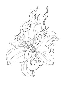 a drawing of a flower with flames coming out of it