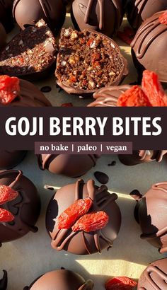 These goji berry bites have a rich, chewy filling that's coated in dark chocolate. They're made with healthy ingredients like goji berries, dates, almonds and coconut. In addition, these truffles are paleo, vegan and gluten free.