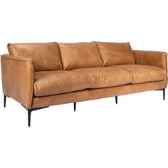 a tan leather couch with black legs