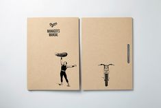 two notebooks with drawings of a man carrying a bag and a woman on a moped