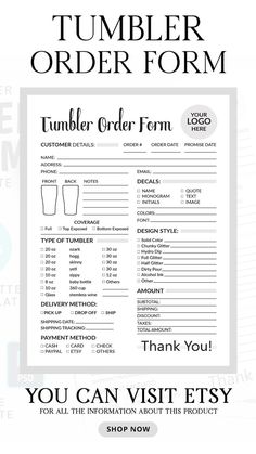 Tumbler Order Form Templates Minimalist Tumbler, Small Business Forms, Diy Vinyl Projects, Purchase Order Form, Glass Tumbler Design, Order Tracker, Custom Order Form