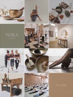 a collage of photos with women doing yoga and other things to do in the room