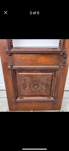 an old wooden cabinet with carvings on the front and back sides, before and after restoration