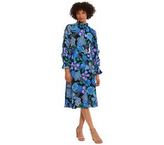 Enjoy statement-making style when you slip on this stretch-enhanced bubble crepe midi dress featuring a flattering flowy skirt and blouson ruffled sleeves. From Donna Morgan. Missy Dresses, Curve Model, Illusion Dress, Maggy London, Blue Floral Print, Curve Dresses, Flowy Skirt, Blue Satin, Inspired Dress