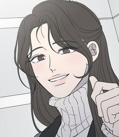 an anime character with long hair wearing a black jacket and white sweater, pointing to the side