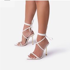 Only Worn To Fry On! White Strappy Heels With 4-inch Heel, White Pointed Toe Sandals For Spring, Summer White Heels With Pointed Toe, White Fitted Heels For Summer, Summer White Fitted Heels, Fitted White Summer Heels, Chic White Strappy Sandals, White Strappy Heels With Wrapped Heel, White Strappy Sandals With Wrapped Heel