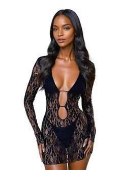 This lace mini dress has a plunging neckline and a keyhole cut-out pattern. creating a sensual yet classy appeal. The beautiful lace provides an air of sophistication to the outfit. It is ideal for an evening out or a special occasion. Materials: 90%... Plunge Neckline, Sleeved Romper, Lace Mini Dress, Lace Overlay, Pattern Floral