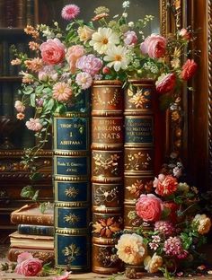 a painting of books with flowers in them