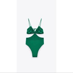 Brand New With Tag Zara Cut Out Swimsuit Elegant Green Swimwear For Party, Elegant Green Bodysuit For Poolside, Elegant Green Bodysuit For The Beach, Summer Party Bodysuit With Cutout, Green Swimwear For Spring Party, Spring Party Swimwear With Cutout, Spring Party Green Swimwear, Chic Cutout Bodysuit For The Beach, Green Spring Party Swimwear