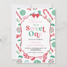 candy canes and candies are on the front of this sweet one birthday party card