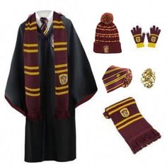 a harry potter hat, scarf, gloves and mittens are shown in this image