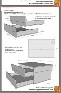 the plans for an office desk with drawers are shown in three different sizes and colors