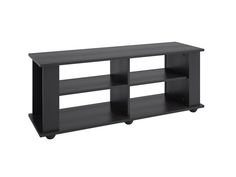 Black wooden TV stand with sleek modern design, open shelves, and two cabinets for storage, suitable for TVs up to 55 inches. Old Tv Stands, Wooden Tv Stand, Furniture Canada, Black Tv Stand, Elevated Homes, Wooden Tv, Wooden Tv Stands, Entertainment Furniture, Open Storage