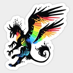 a drawing of a rainbow colored dragon with wings and tail spread out, on a white background