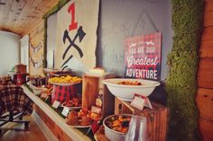 an assortment of food on display in a restaurant