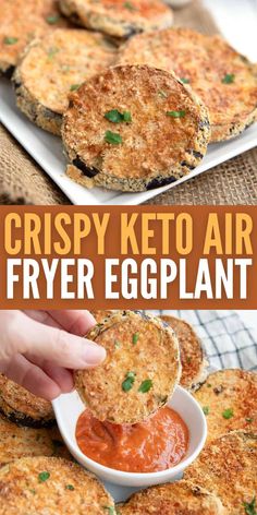 crispy keto air fryer eggplant on a plate with dipping sauce