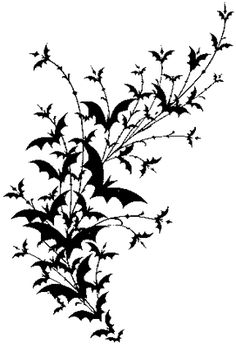 a black and white photo of some leaves on a branch with bats flying around it