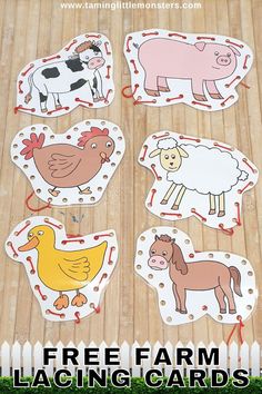 farm animals and chickens are on the wooden floor with text overlay that says free farm lacing cards