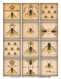 bees with crown on their heads and names in gold foiled paper, set of 8