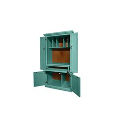 a green cabinet with two doors open on the side and one door closed to reveal a wooden shelf