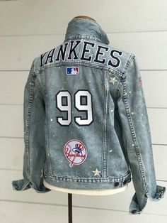 Jaket Jeans Custom, Baseball Attire, Baseball Costumes, Rhinestone Jacket, Jackets Style, Custom Denim Jacket