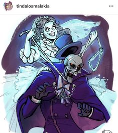 a drawing of two people dressed as skeletons and one is wearing a top hat with a skeleton on it