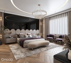 a bedroom with a large bed and chandelier hanging from the ceiling