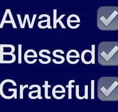 the words awake, beseed, grateful are displayed in white letters on a blue background