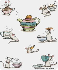 some cartoon mice are eating and drinking from teapots, cups, and saucers