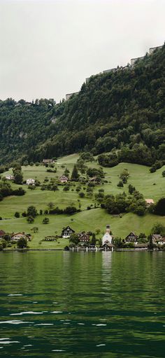 houses on the side of a green hillside overlooking water and hills in the distance with trees