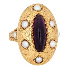 Vintage Amethyst Pearl Ring Large Oval Cocktail Etched Sz 8 Estate Fine Jewellery | Chairish Victorian Oval Pearl Ring With Gemstone, Victorian Oval Cabochon Pearl Ring, Oval Cabochon Amethyst Heirloom Ring, Heirloom Oval Pearl Ring With Cabochon, Heirloom Oval Cabochon Pearl Ring, Heirloom Oval Cabochon Amethyst Ring, Oval Cabochon Pearl Ring Fine Jewelry, Formal Oval Cabochon Pearl Ring, Pearl Cocktail Ring