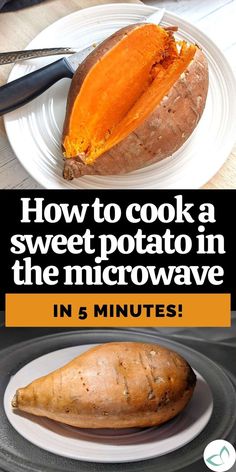 Baked sweet potato on a plate and a sweet potato in a microwave. Easy Sweet Potato Recipes, Microwave Sweet Potato, Tacos Vegan, Steamed Sweet Potato, Sweet Potato Recipes Baked, Microwave Baking, Cubed Sweet Potatoes, Sweet Potato Slices, Yummy Sweet Potatoes