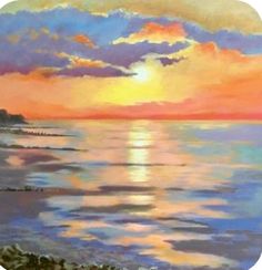 a painting of the sun setting over the ocean with clouds in the sky and water below